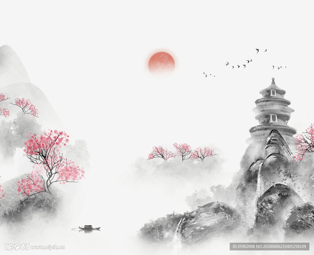 水墨山水古塔红日飞鸟图