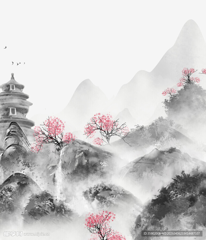 水墨山水间的亭台花树