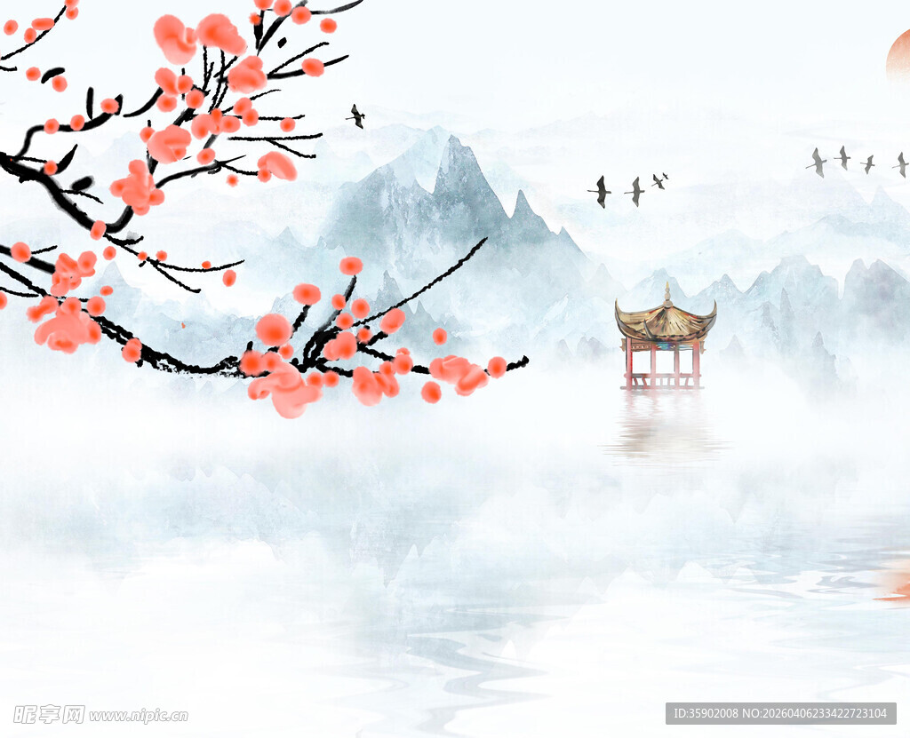 水墨梅花山水间美景