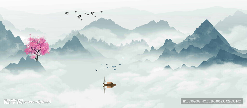 水墨山水间的诗意泛舟景