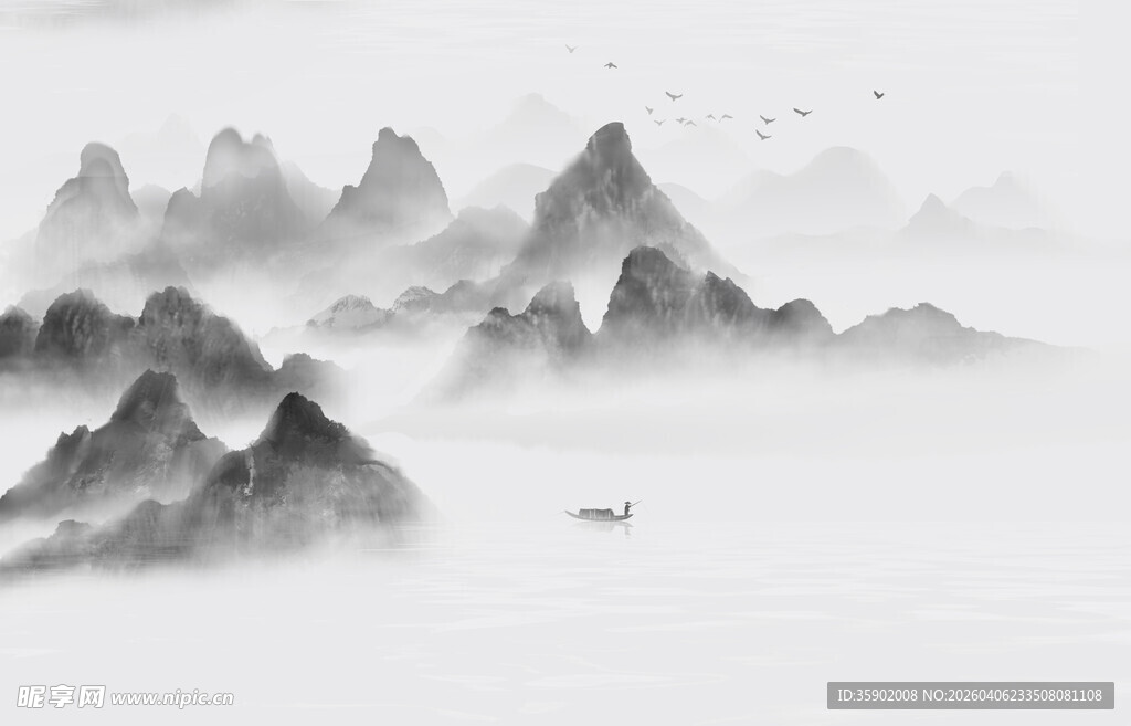 水墨山水间的孤舟意境