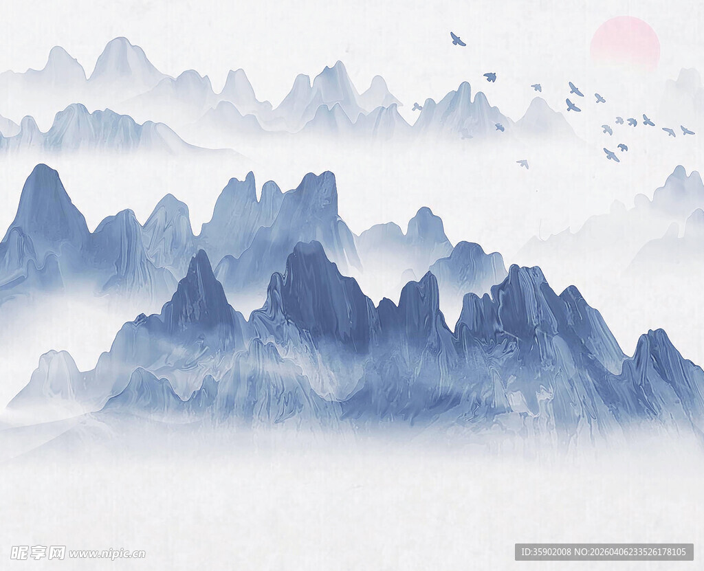 水墨山水间飞鸟伴日景