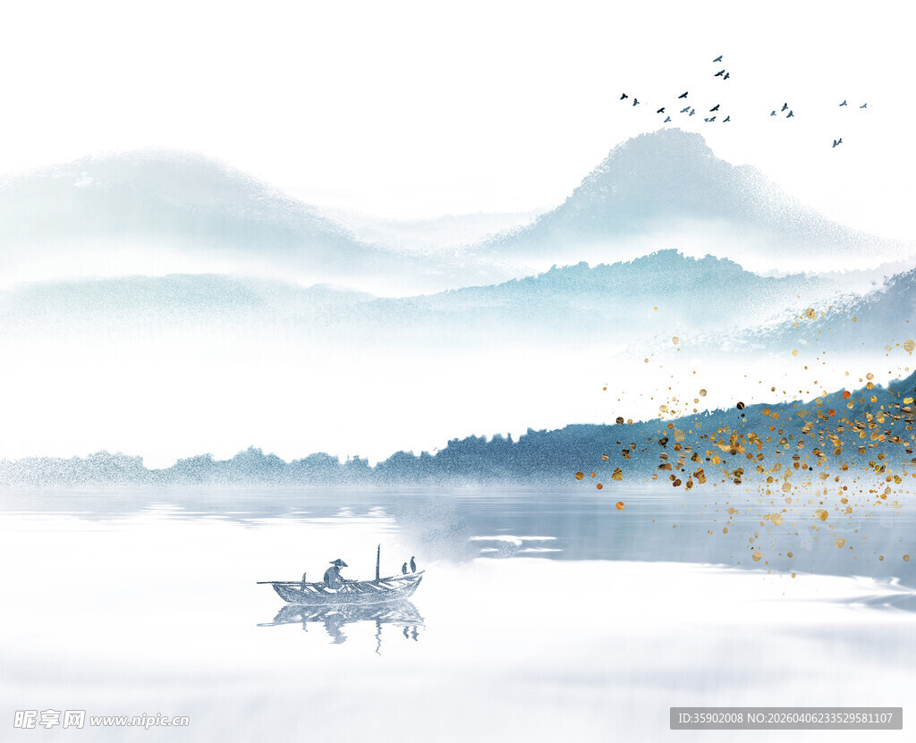 水墨山水间的悠然小舟