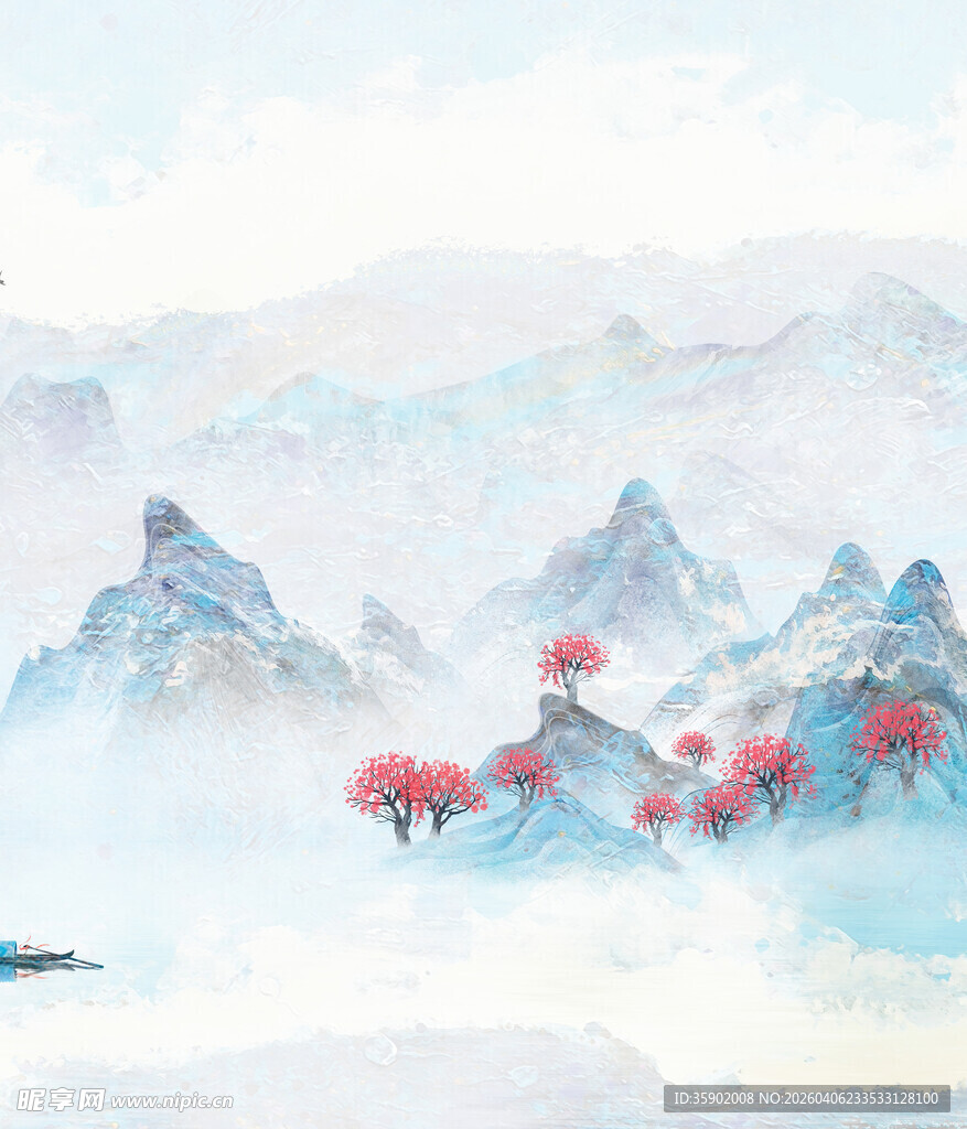 水墨山水间的烂漫红梅