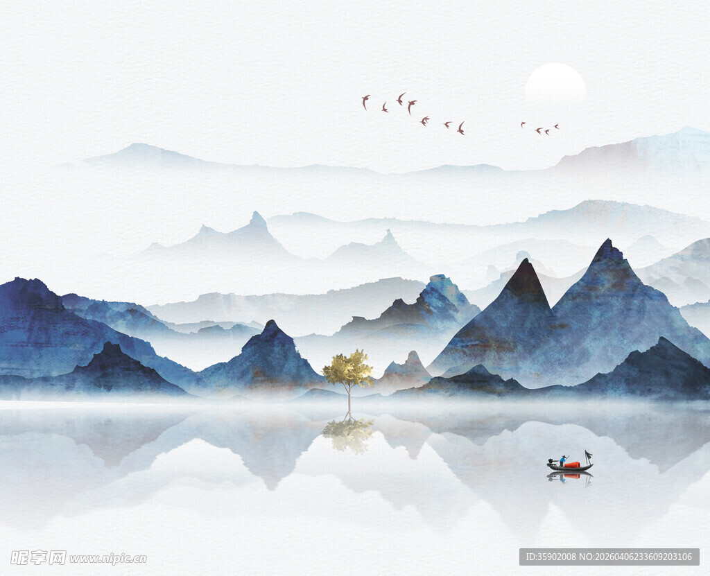 水墨山水间的孤舟静景