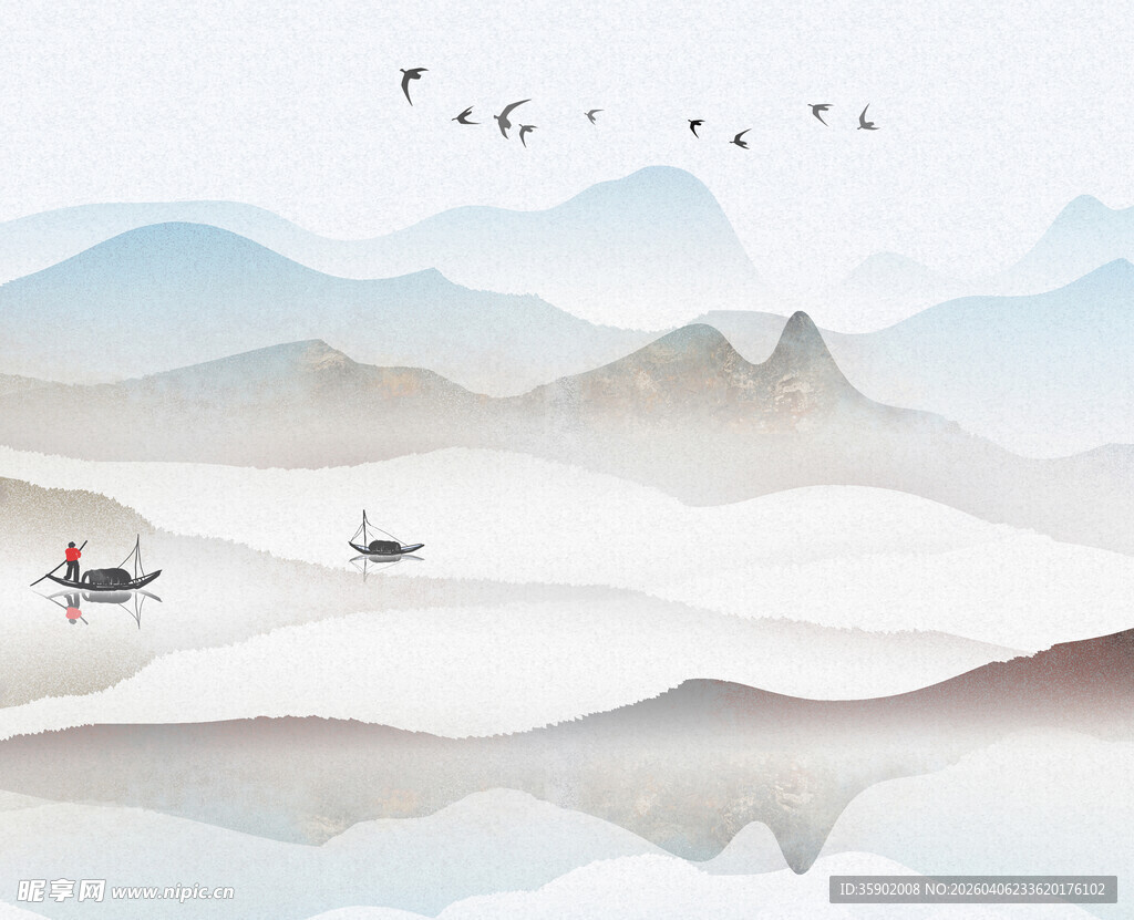 水墨山水间的孤舟飞鸟