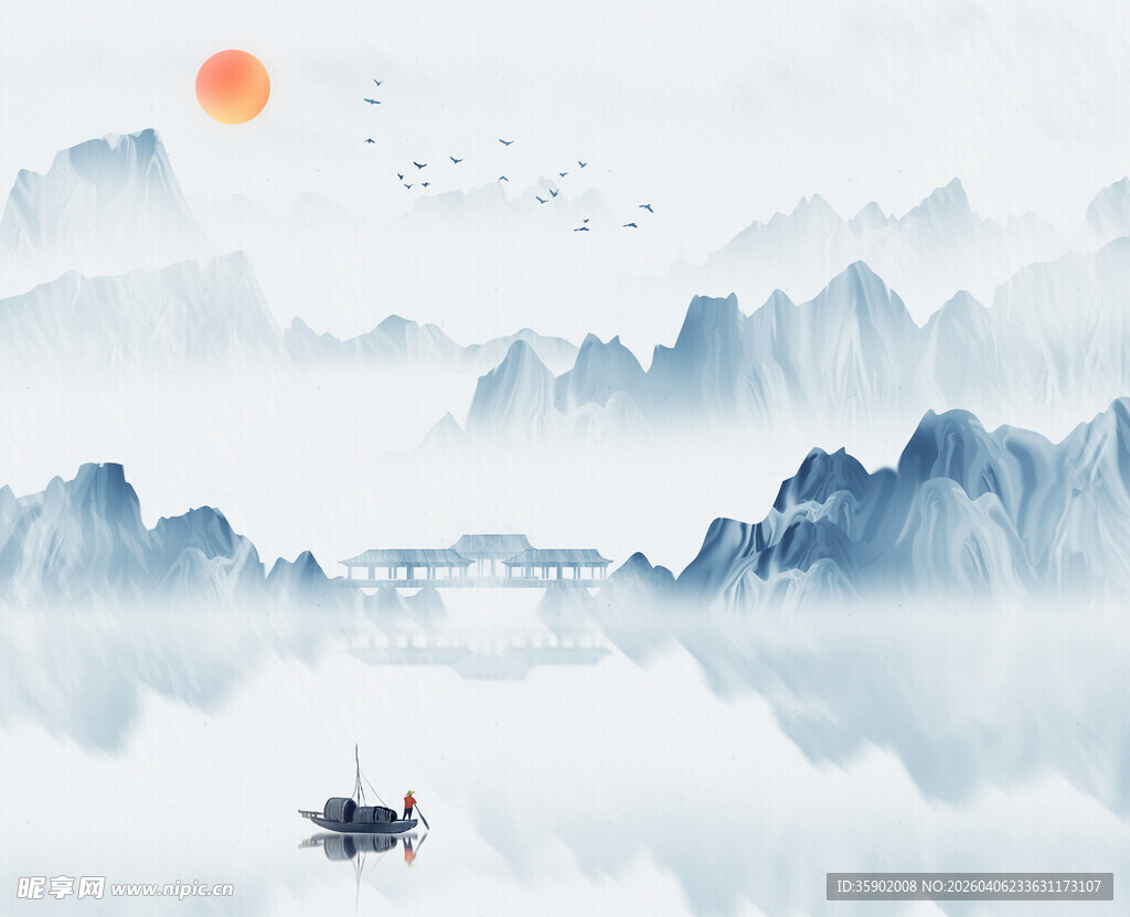 水墨山水间的孤舟落日