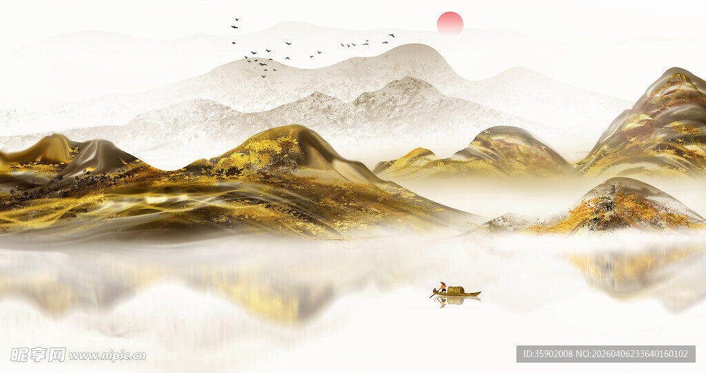 水墨山水间的孤舟意境