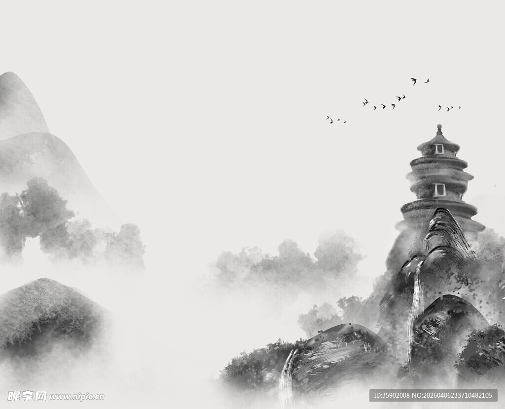 水墨山水间的古韵楼阁