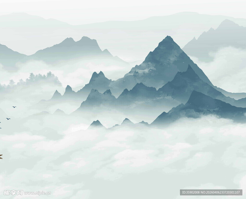 水墨云雾中的巍峨山峰