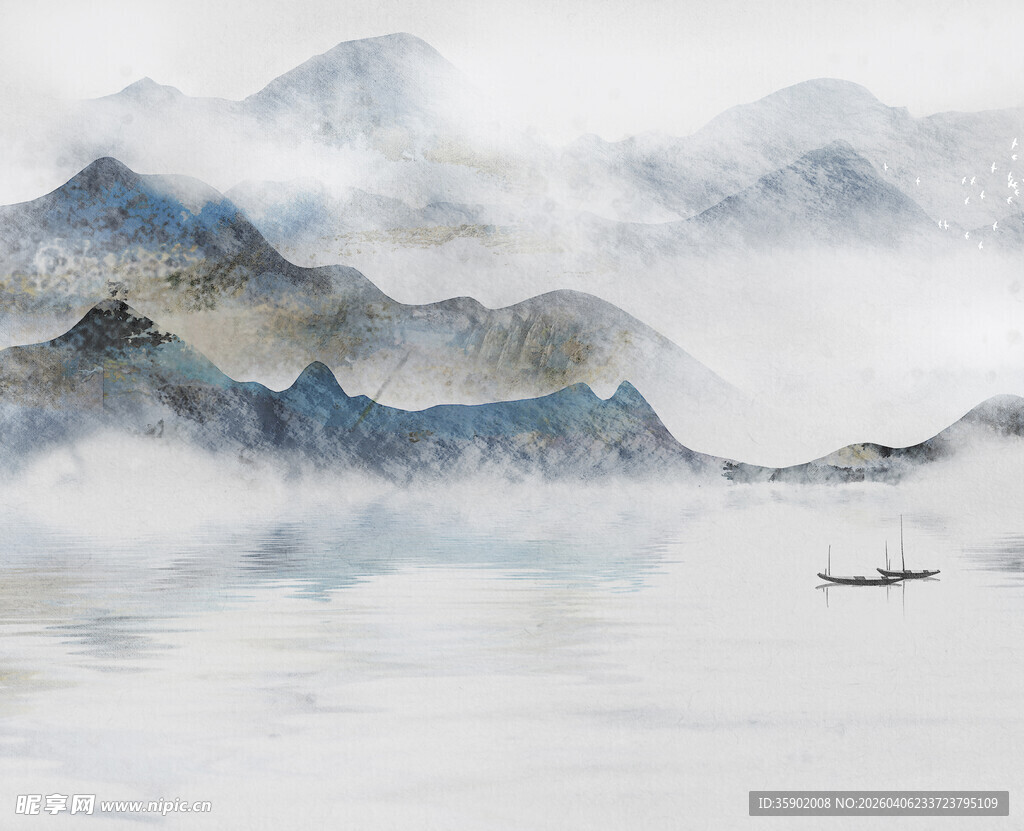 水墨山水间孤舟泛江景