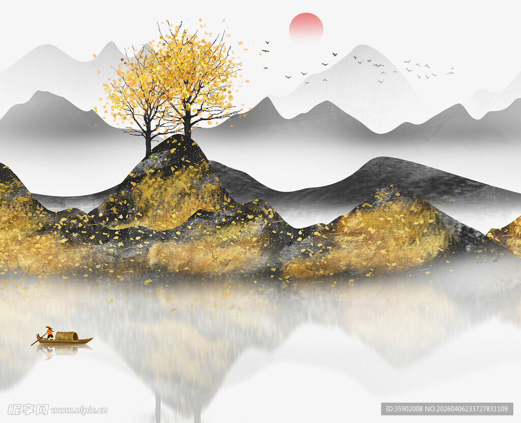 秋景山水图孤舟映树影