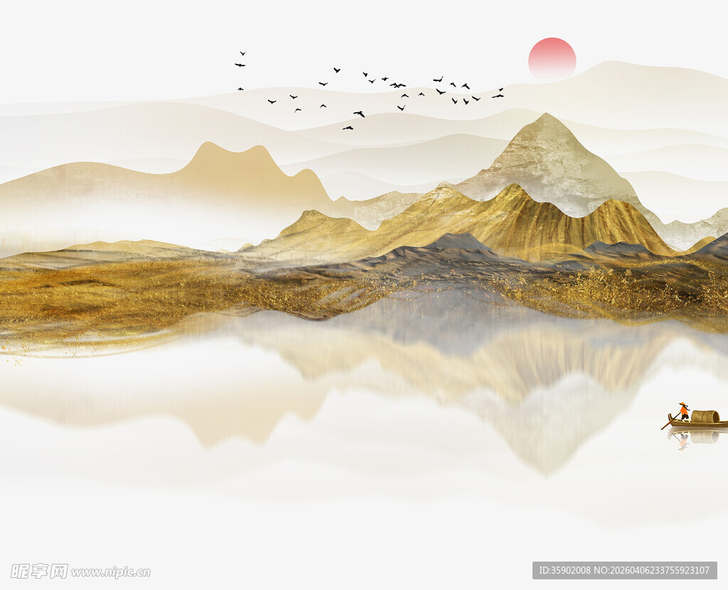 山水孤舟映日诗意画卷