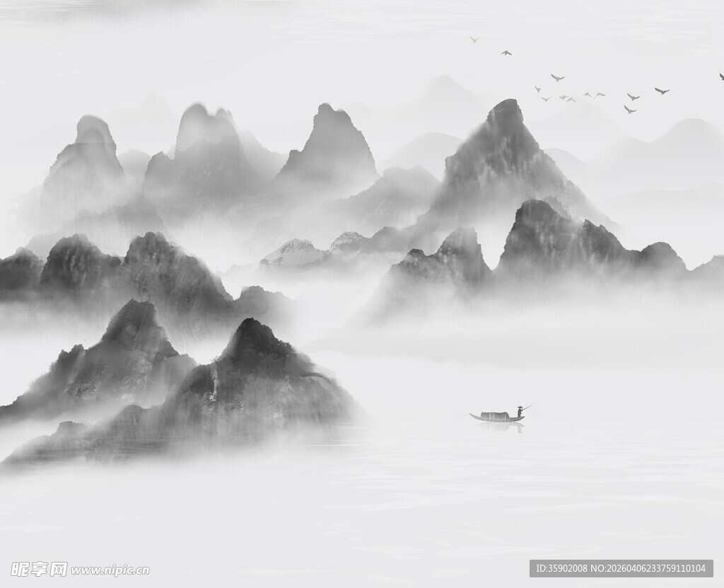 水墨山水间的孤舟意境