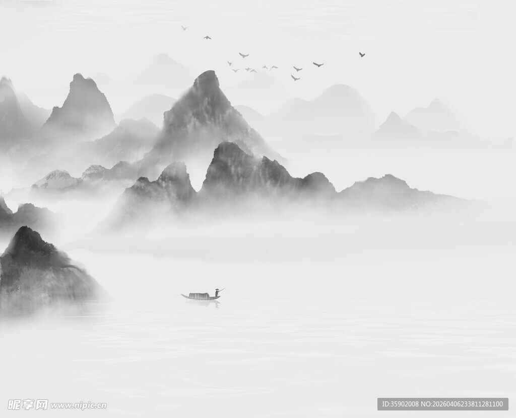 水墨山水间的孤舟意境