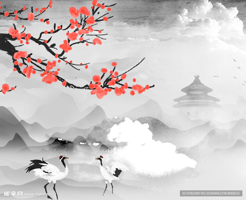 水墨丹青中的仙鹤与红梅