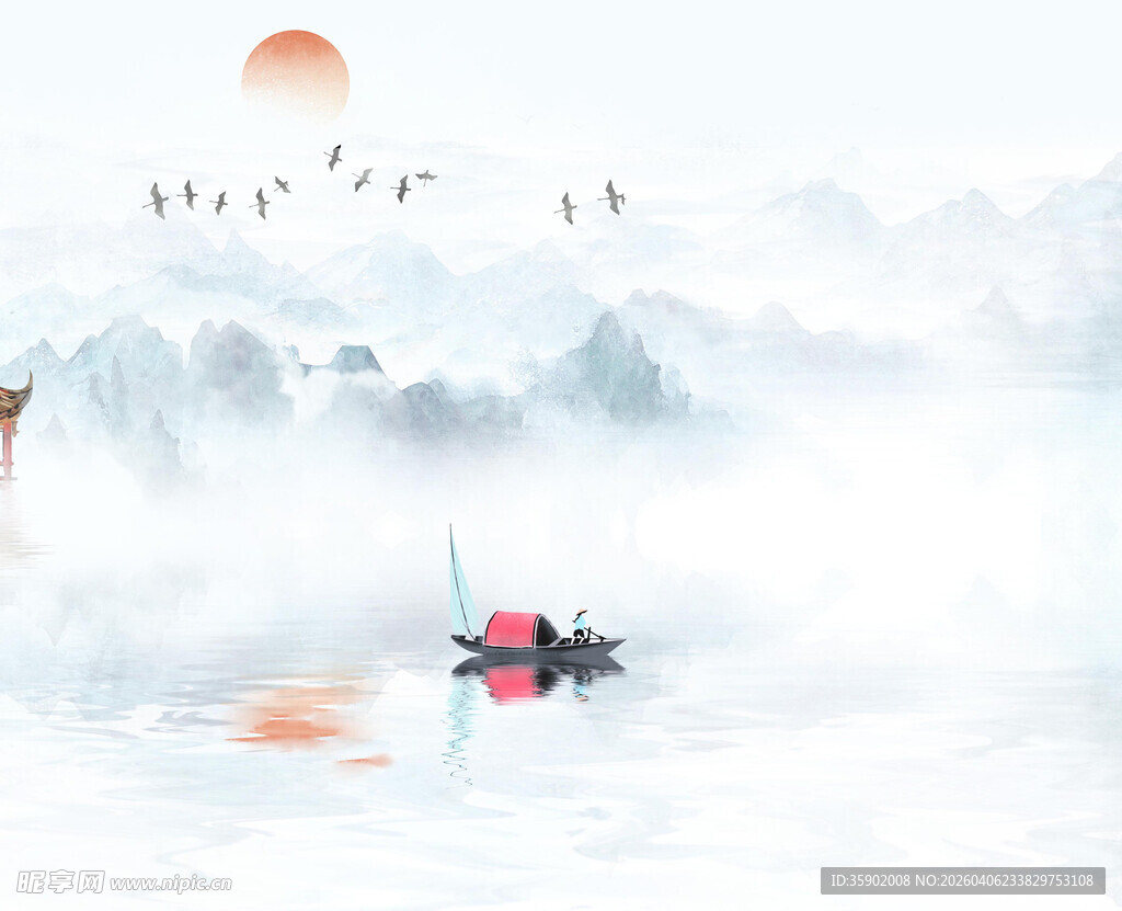 江上孤舟迎日出