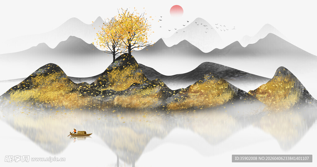 水墨山水间的孤舟秋景