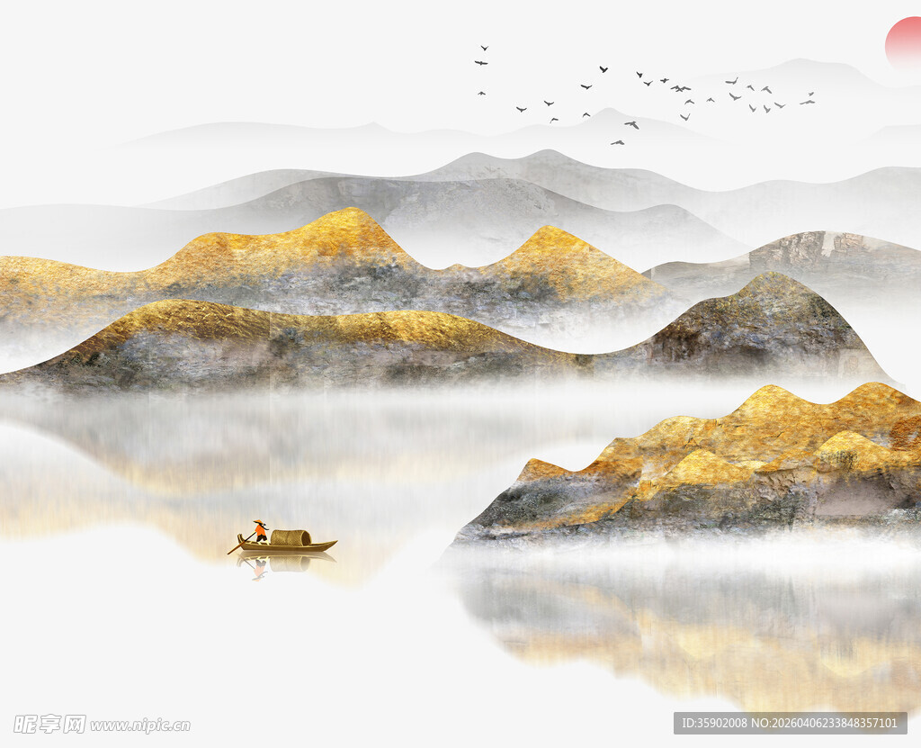 水墨山水间孤舟泛江景