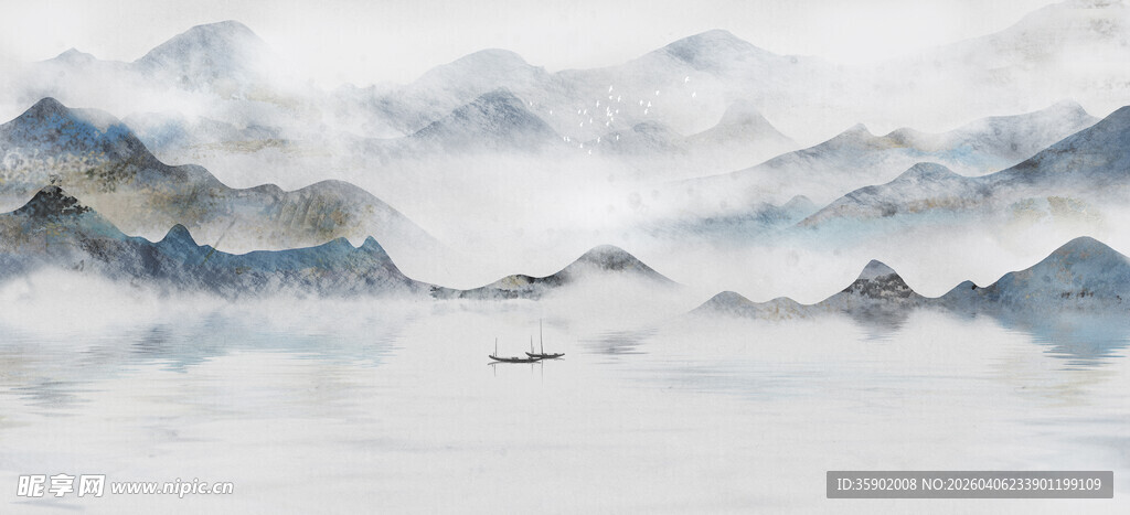 水墨云雾间的山峦美景