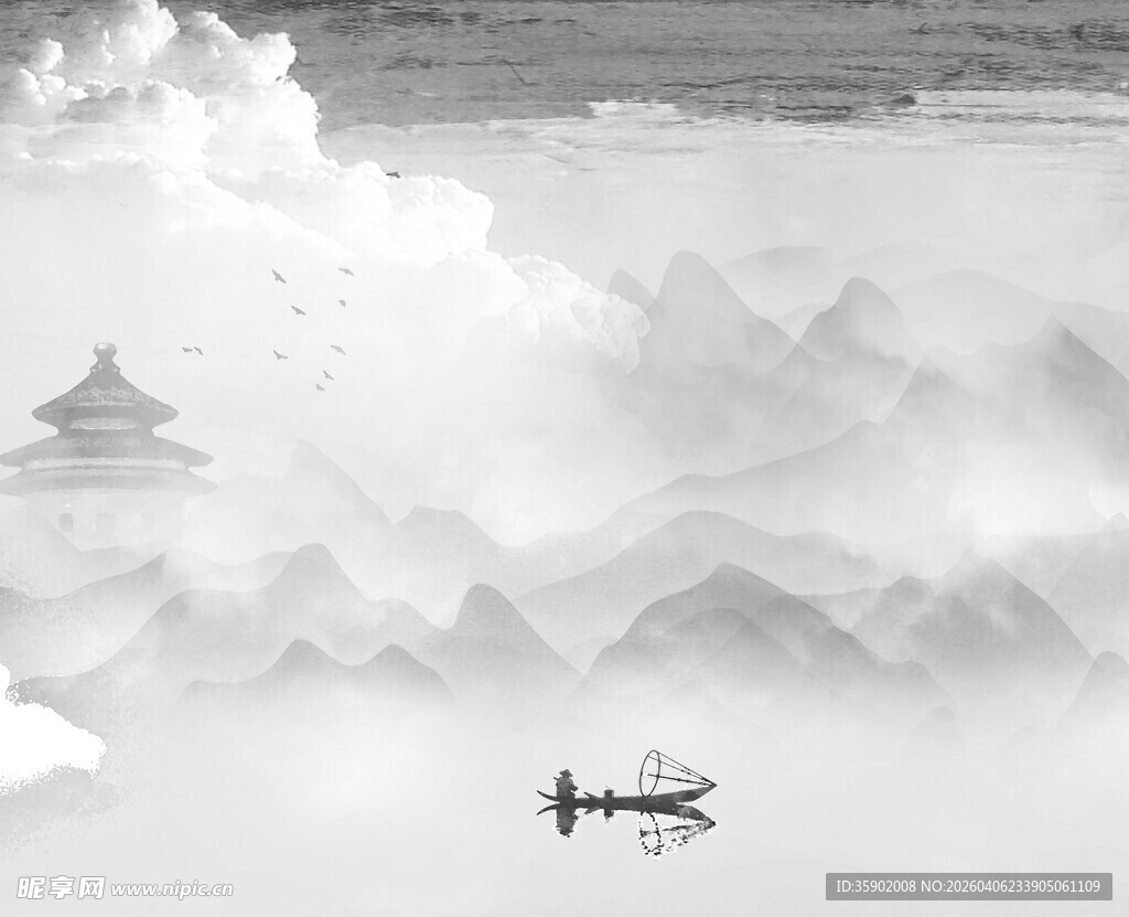 水墨山水间的孤舟意境