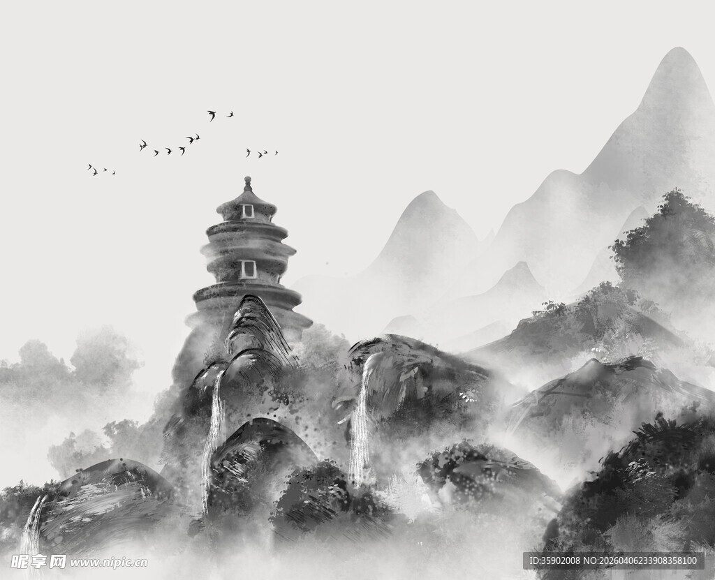 水墨山水间的古朴楼阁