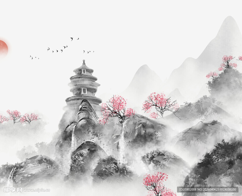 水墨山水间的古韵楼阁