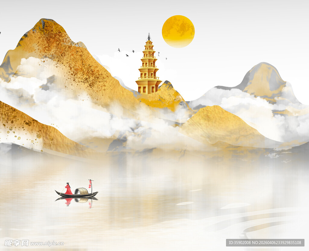 山水间孤舟伴古塔落日