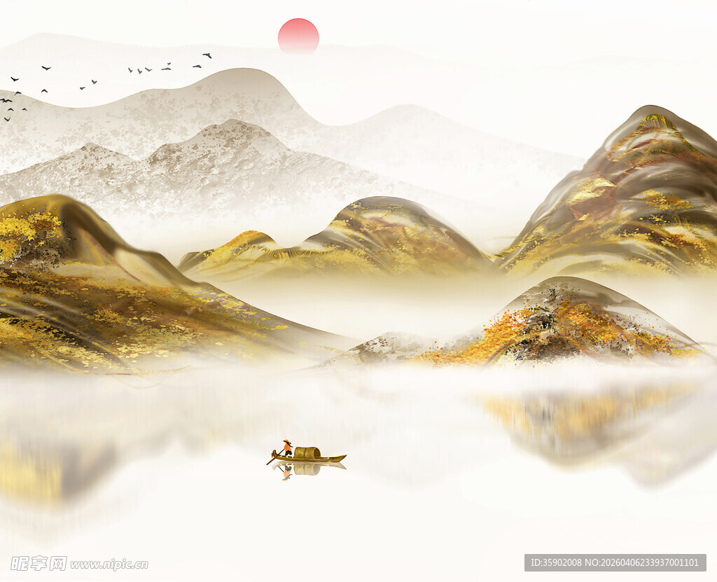 山水泛舟图红日映山川