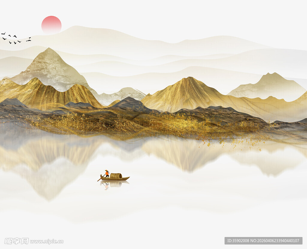 水墨山水间的孤舟落日