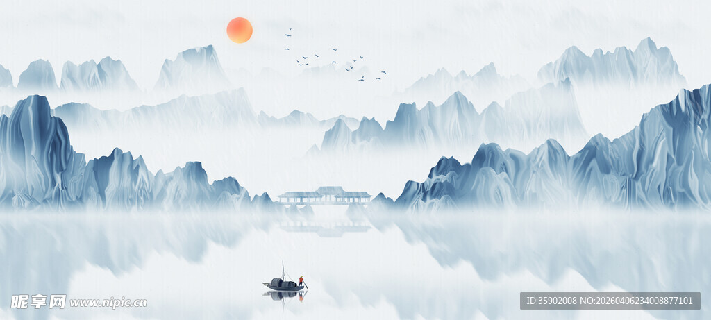 水墨山水间孤舟映日景