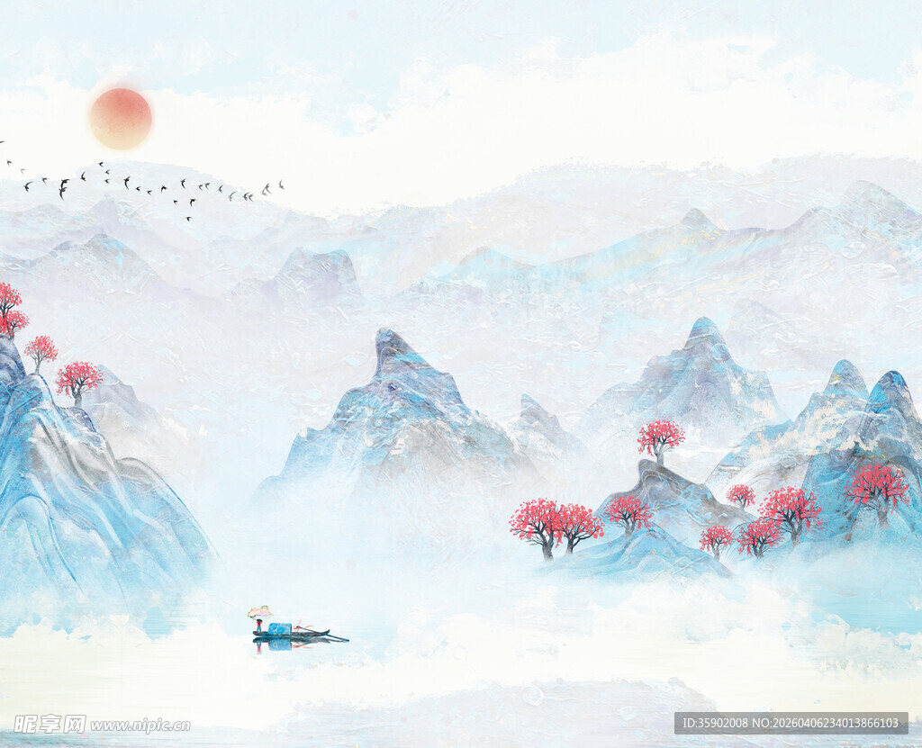 水墨山水间的诗意泛舟景