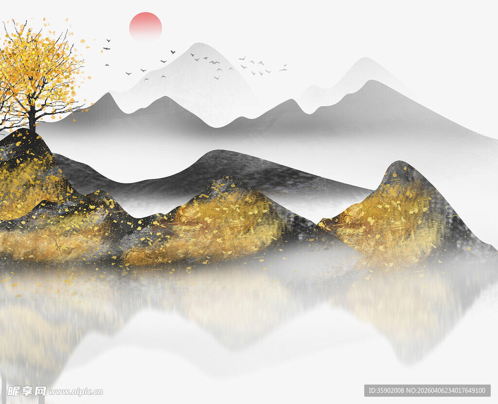 秋日山水水墨风光图