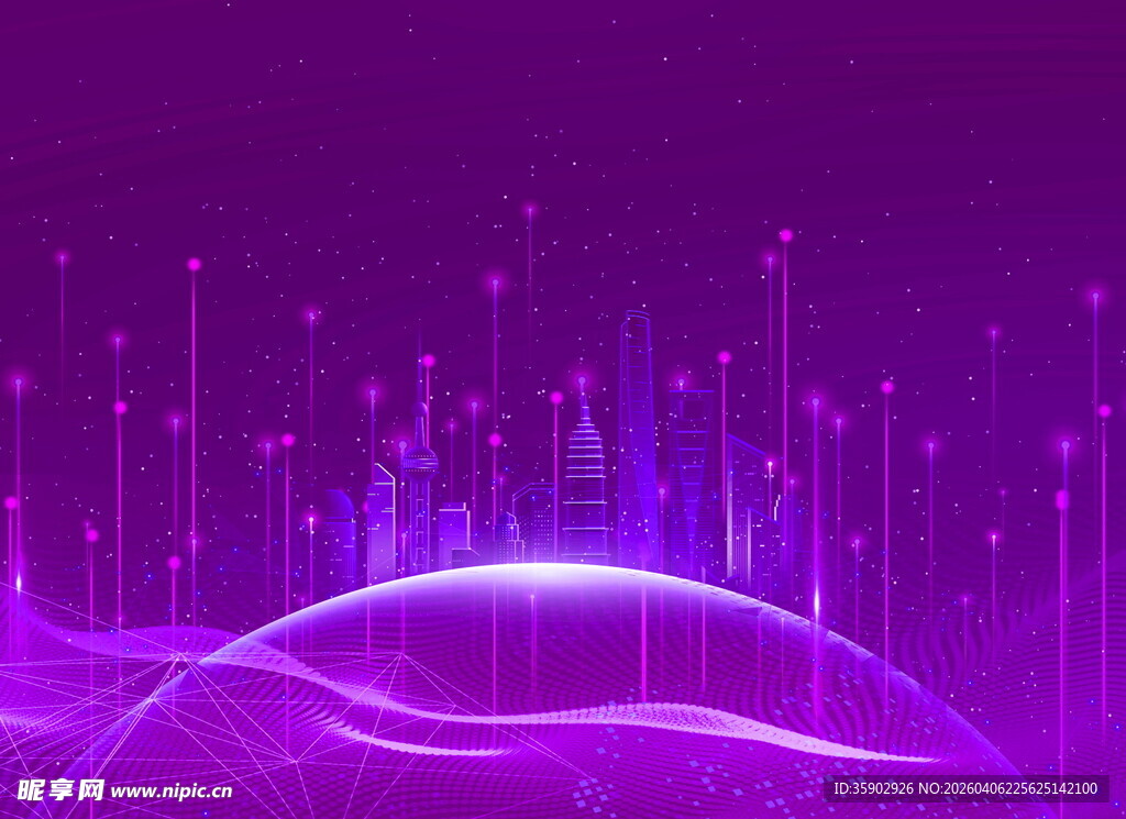 紫色科技感线条城市背景图