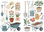 手绘园艺工具与植物集合