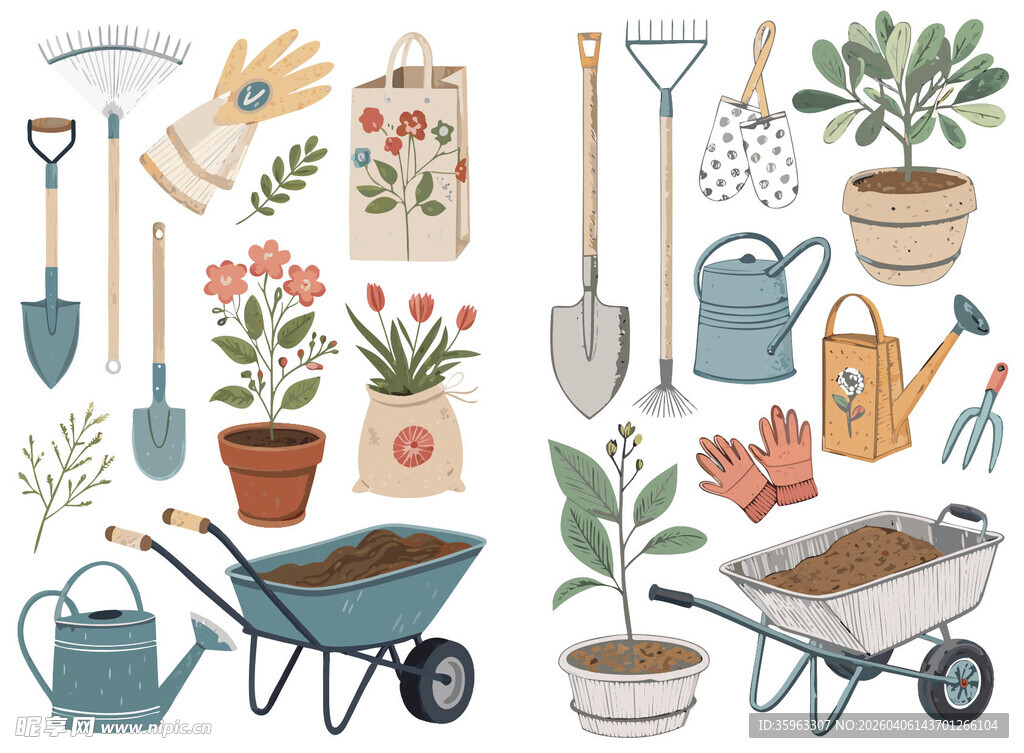 手绘园艺工具与植物集合