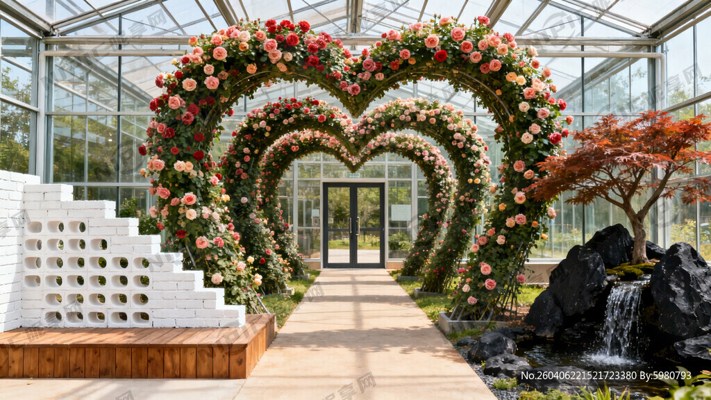 请渲染一个外景 有15个拱门