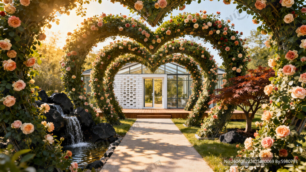 请渲染一个外景 有15个拱门