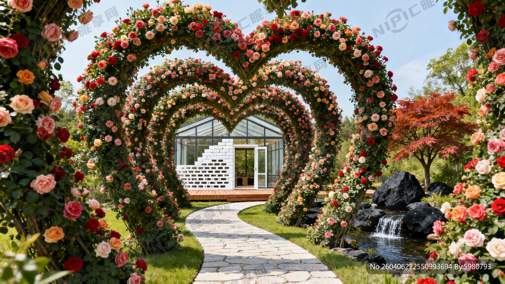 请渲染一个外景 有15个拱门