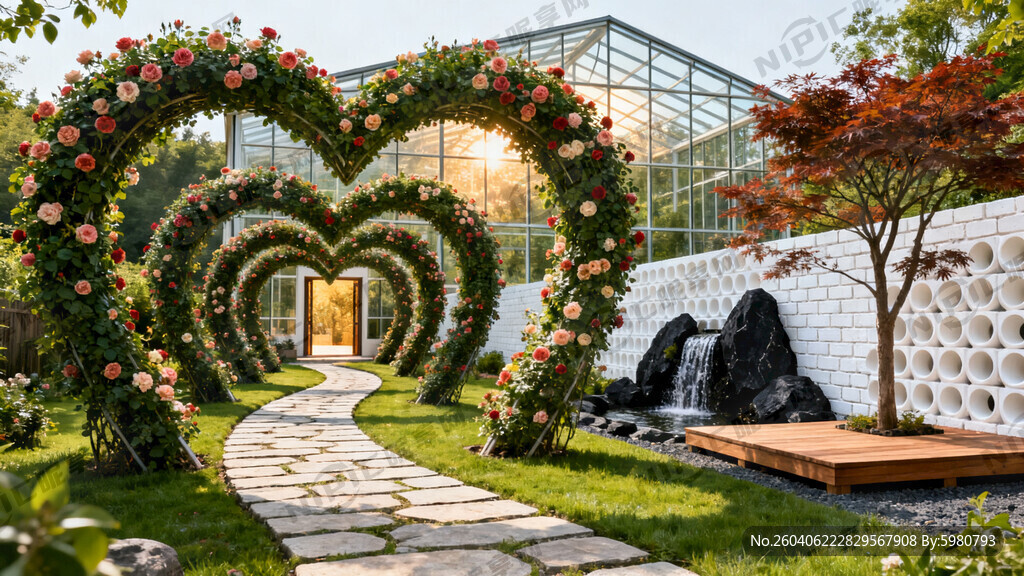 请渲染一个外景 有15个拱门