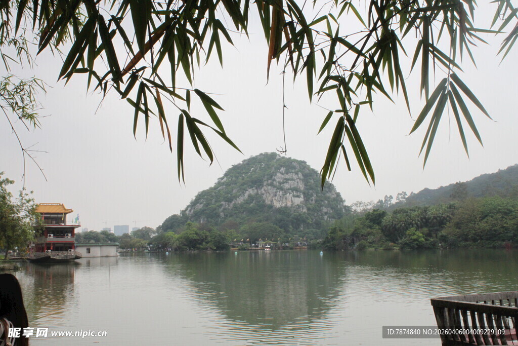 山水湖畔景 竹影映清波