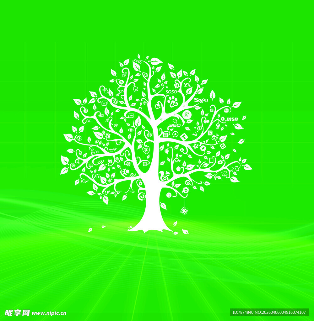 绿色背景中的白色抽象树