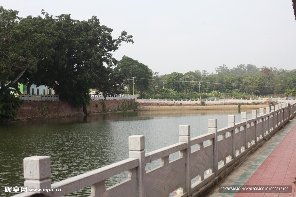 湛江湖畔护栏旁的宁静景致