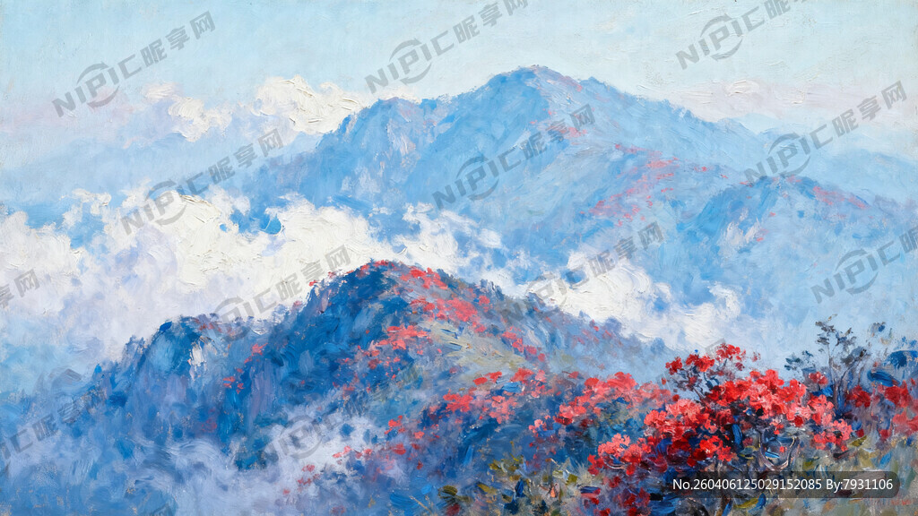 浅蓝色的群山白云、连绵起伏的群