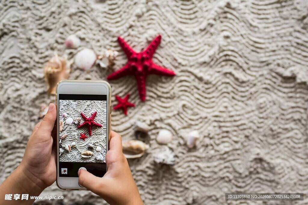 沙滩上用手机拍海星贝壳电脑壁纸