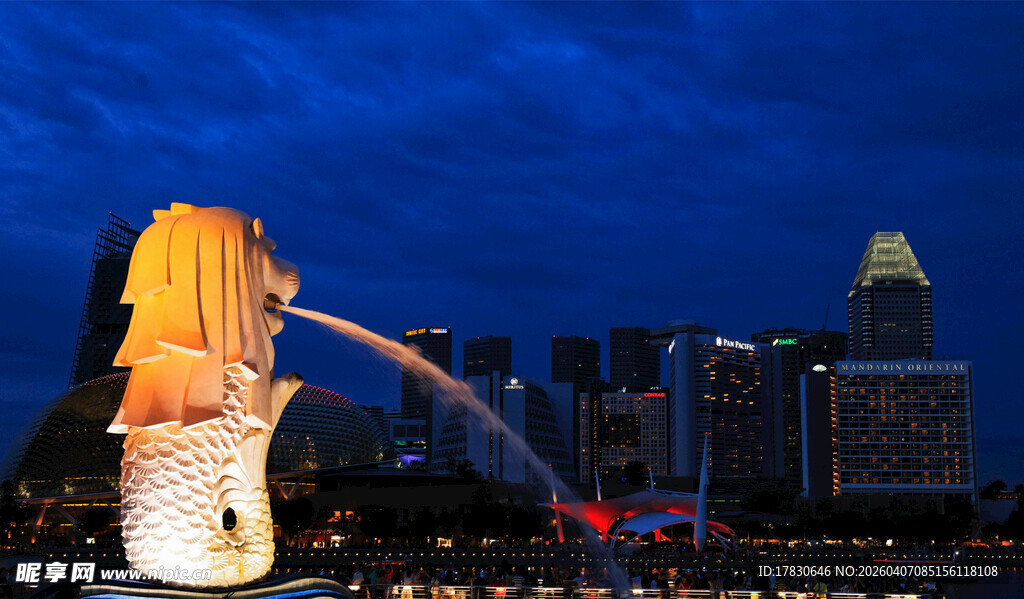 新加坡鱼尾狮夜景风光