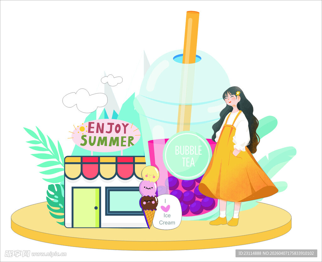 女孩享受夏日冰淇淋时光