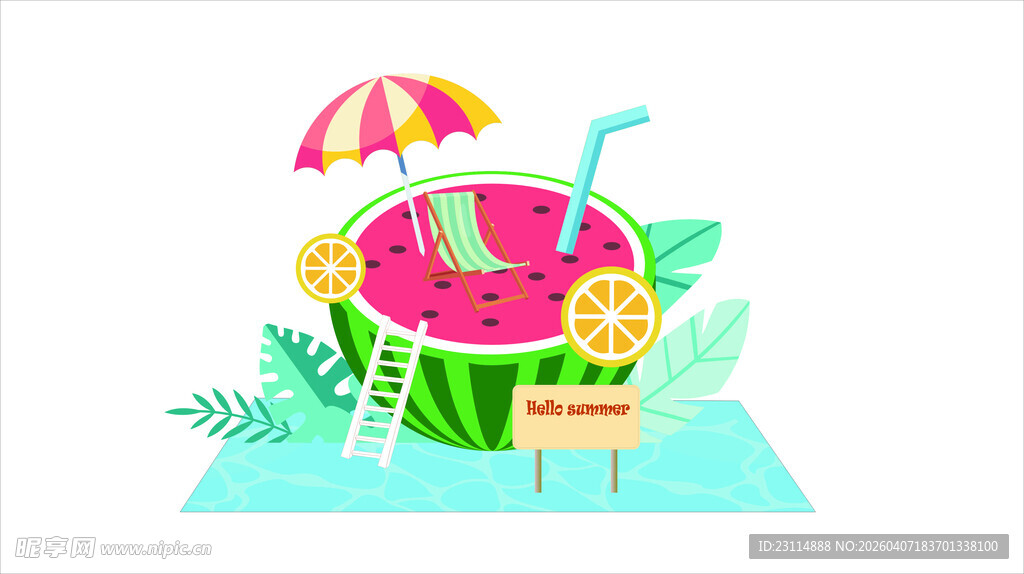 夏日西瓜泳池清凉场景