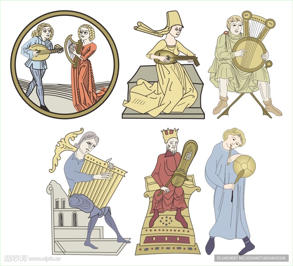 中世纪人物演奏与活动场景