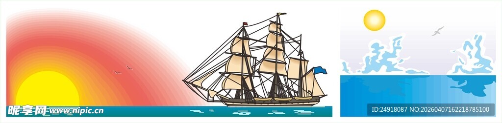 海上帆船与绚丽彩虹景观